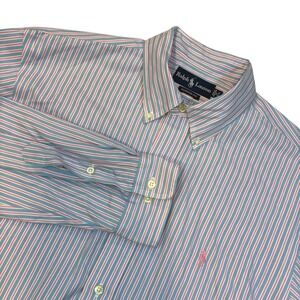 Ralph Lauren Striped Shirt Pink Blue Custom Fit Button Down Preppy‎ 17 34/35 XL